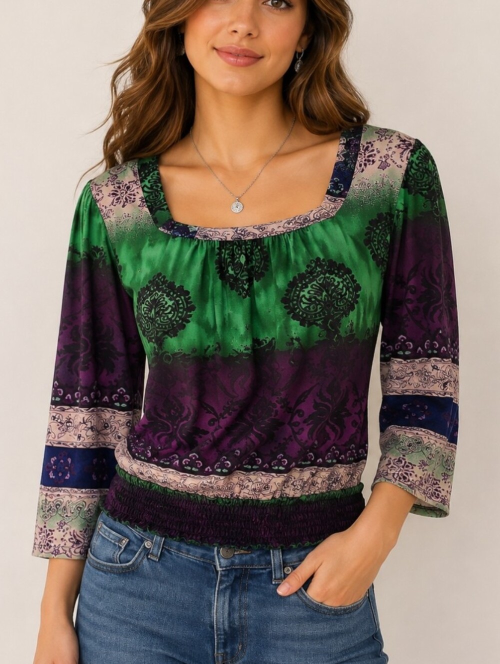 Purple Green Damask Smocked Square Neck Blouse Size Small